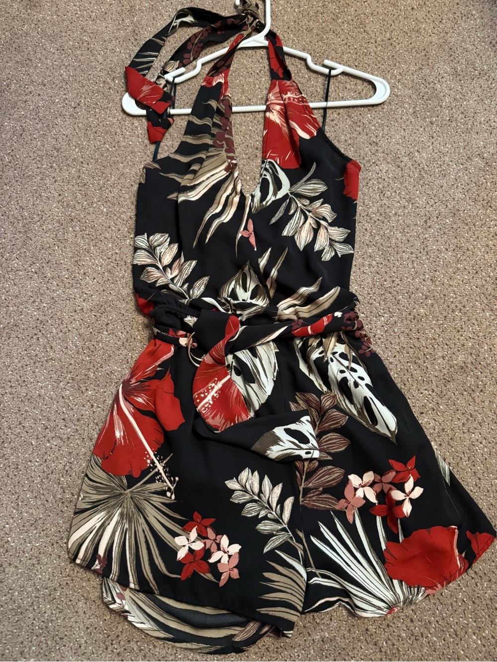 Floral Halter Romper in Black and Red